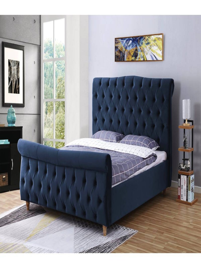 Lit en velours "Richard" -  140 x 190 cm - Bleu Bleu - Kiabi