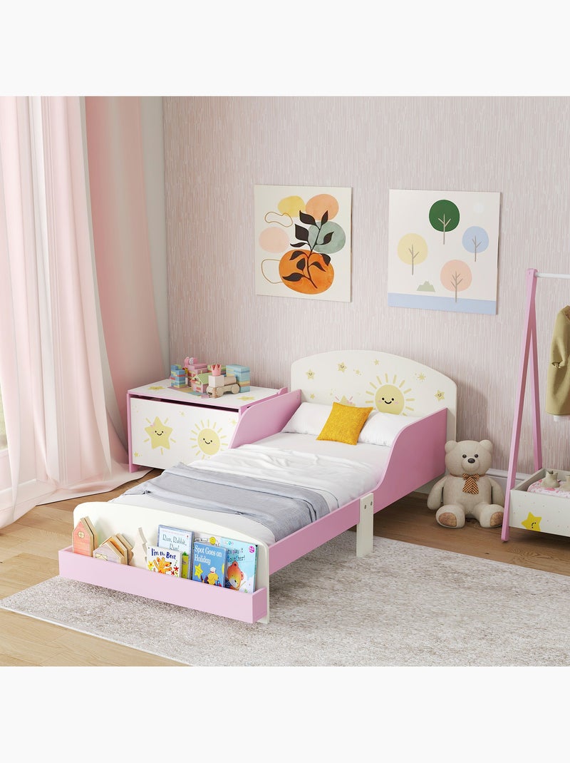 Lit enfant 70 x 140 cm - tête de lit, sommier, rangement - motif étoiles soleil Rose - Kiabi