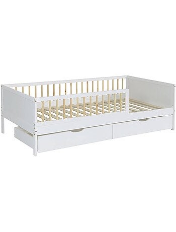 Lit enfant 90 x 190 cm pin naturel avec sommier à lattes et tiroirs elio