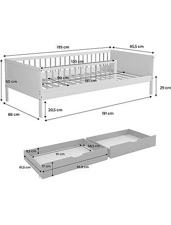 Lit enfant 90 x 190 cm pin naturel avec sommier à lattes et tiroirs elio