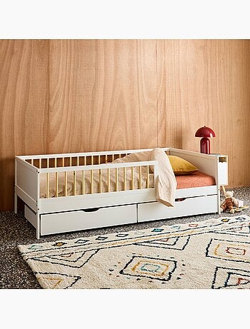 Lit enfant 90 x 190 cm pin naturel avec sommier à lattes et tiroirs elio