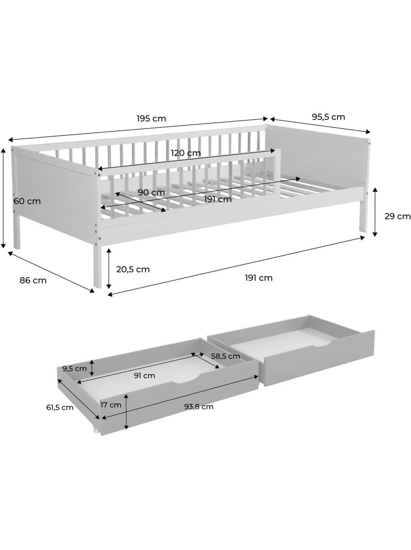 Lit enfant 90 x 190 cm pin naturel avec sommier à lattes et tiroirs elio Blanc - Kiabi