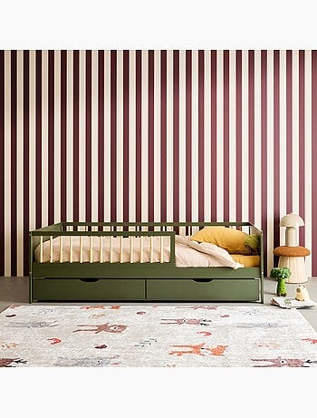 Lit enfant 90 x 190 cm pin naturel avec sommier à lattes et tiroirs Elio