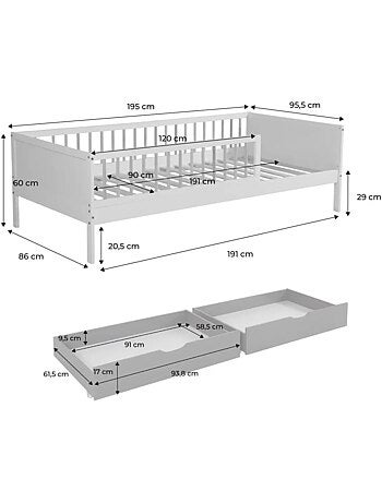 Lit enfant 90 x 190 cm pin naturel avec sommier à lattes et tiroirs Elio