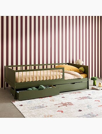 Lit enfant 90 x 190 cm pin naturel avec sommier à lattes et tiroirs Elio