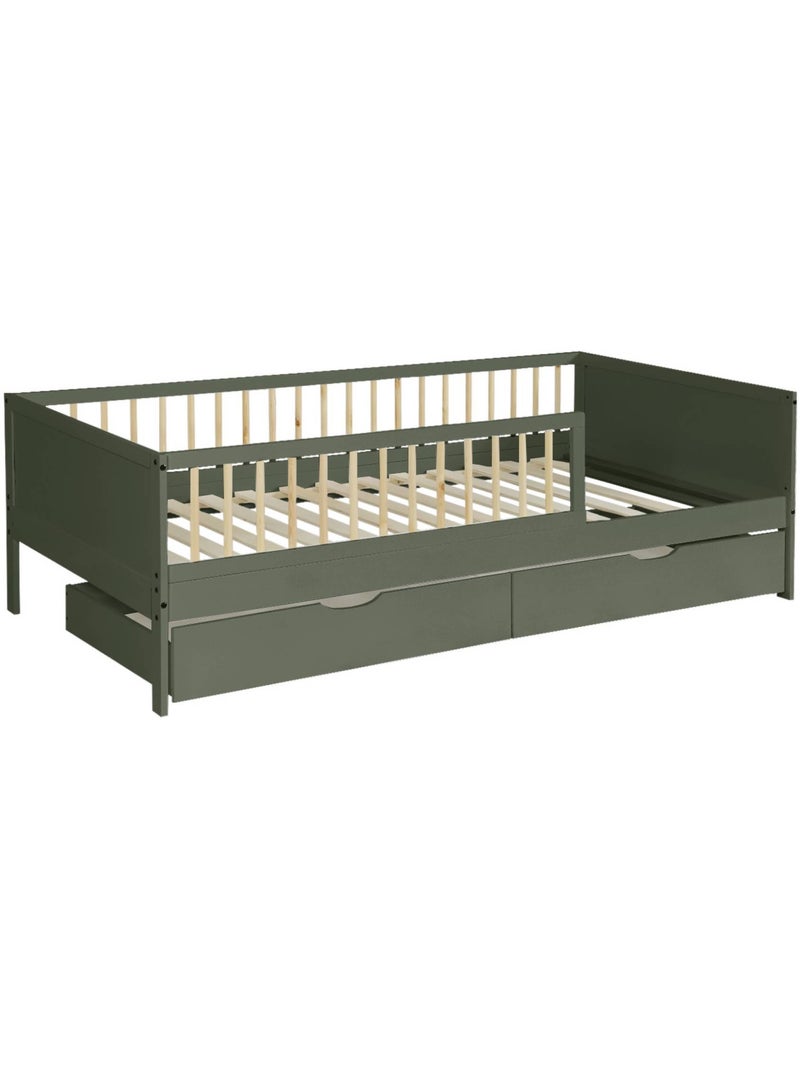 Lit enfant 90 x 190 cm pin naturel avec sommier à lattes et tiroirs elio Vert - Kiabi