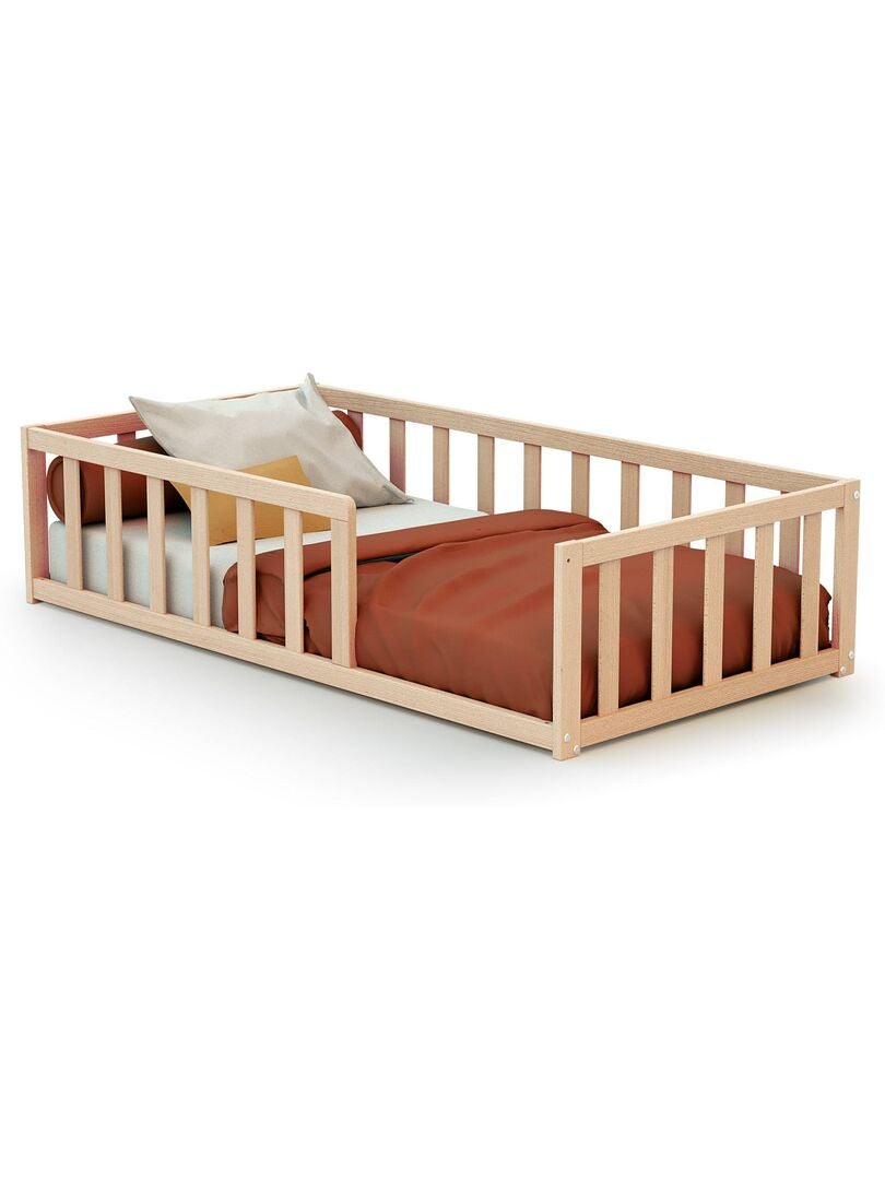 Lit Cabane Montessori Au Sol 140x200cm Avec Rangement - En Pin Massif, Barrières, Tableau Noir - Blanc Ou Gris - Sans Matelas - 9