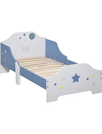 Lit enfant design étoiles - 3-6 ans - dim. 143l x 74l cm - sommier à lattes inclus - bleu blanc