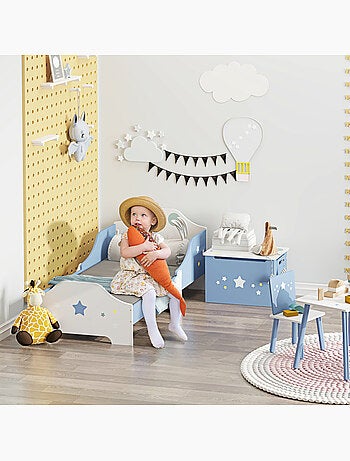 Lit enfant design étoiles - 3-6 ans - dim. 143l x 74l cm - sommier à lattes inclus - bleu blanc