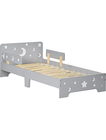 Lit enfant design étoiles lune - 3-6 ans - dim. 143l x 74l cm - sommier à lattes inclus - gris