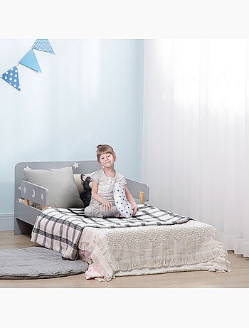 Lit enfant design étoiles lune - 3-6 ans - dim. 143l x 74l cm - sommier à lattes inclus - gris