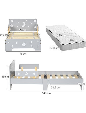 Lit enfant design étoiles lune - 3-6 ans - dim. 143l x 74l cm - sommier à lattes inclus - gris