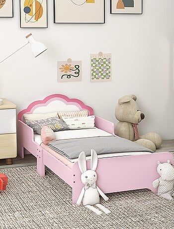 Lit enfant design girly motif nuage avec sommier à lattes rose blanc