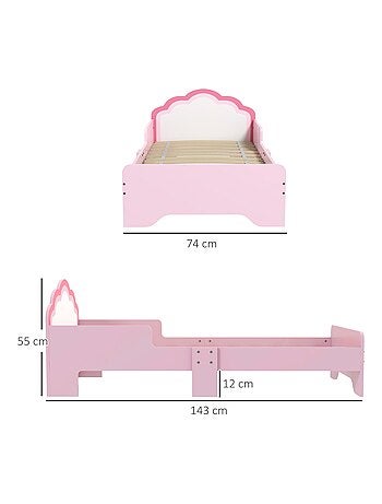 Lit enfant design girly motif nuage avec sommier à lattes rose blanc