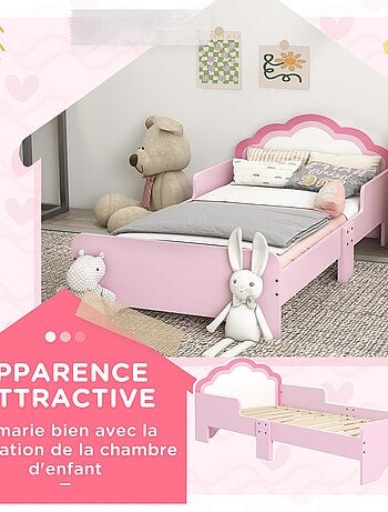 Lit enfant design girly motif nuage avec sommier à lattes rose blanc