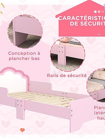 Lit enfant design girly motif nuage avec sommier à lattes rose blanc