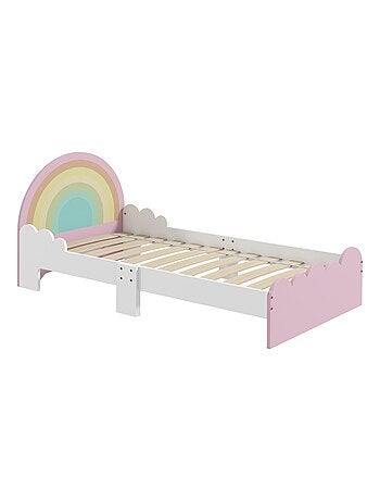 Lit enfant design girly motifs arc en ciel nuages avec sommier à lattes rose blanc