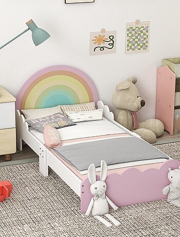Lit enfant design girly motifs arc en ciel nuages avec sommier à lattes rose blanc