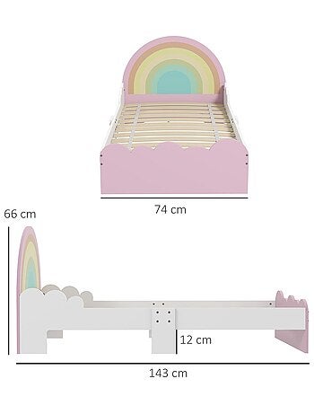 Lit enfant design girly motifs arc en ciel nuages avec sommier à lattes rose blanc
