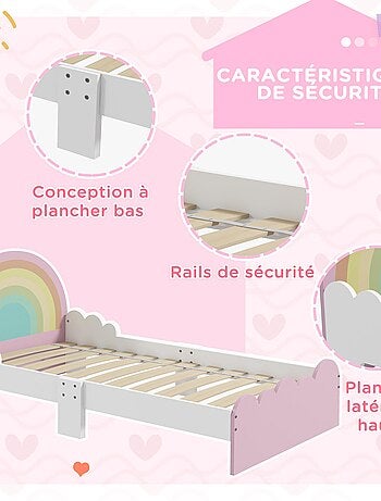 Lit enfant design girly motifs arc en ciel nuages avec sommier à lattes rose blanc