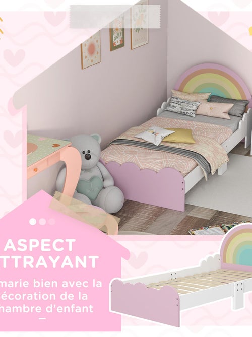 Lit enfant design girly motifs arc en ciel nuages avec sommier à lattes rose blanc - Kiabi