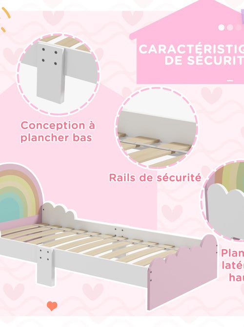 Lit enfant design girly motifs arc en ciel nuages avec sommier à lattes rose blanc - Kiabi