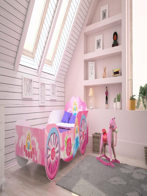 Lit enfant fille Calèche de Princesse avec matelas et sommier inclus - Kiabi