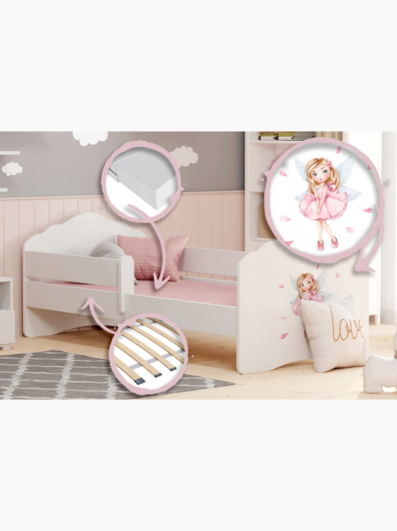 Lit enfant fille FIONA avec balustrade et matelas Blanc Rose Bleu - Kiabi