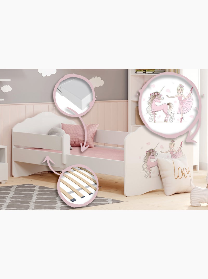 Lit enfant fille FIONA avec balustrade et matelas Blanc Rose - Kiabi