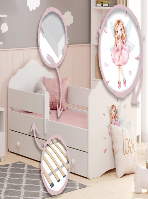 Lit enfant fille FIONA avec tiroir balustrade et matelas inclus - Kiabi