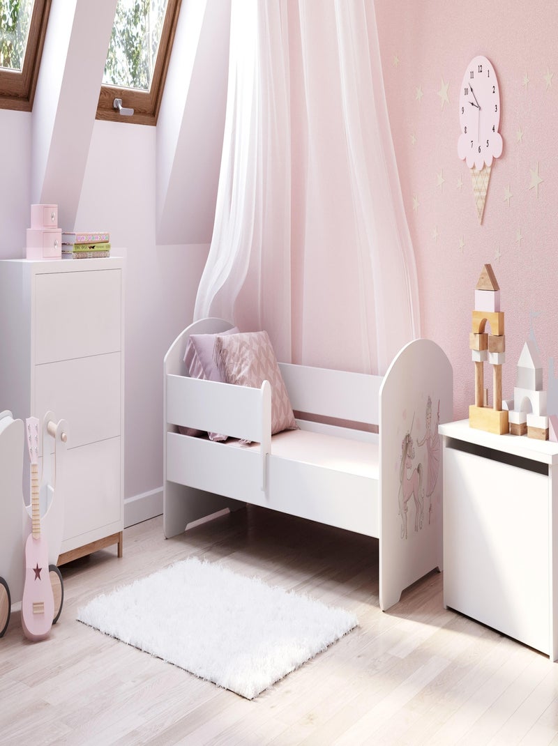 Lit enfant fille LOU avec balustrade et matelas inclus Blanc Rose - Kiabi