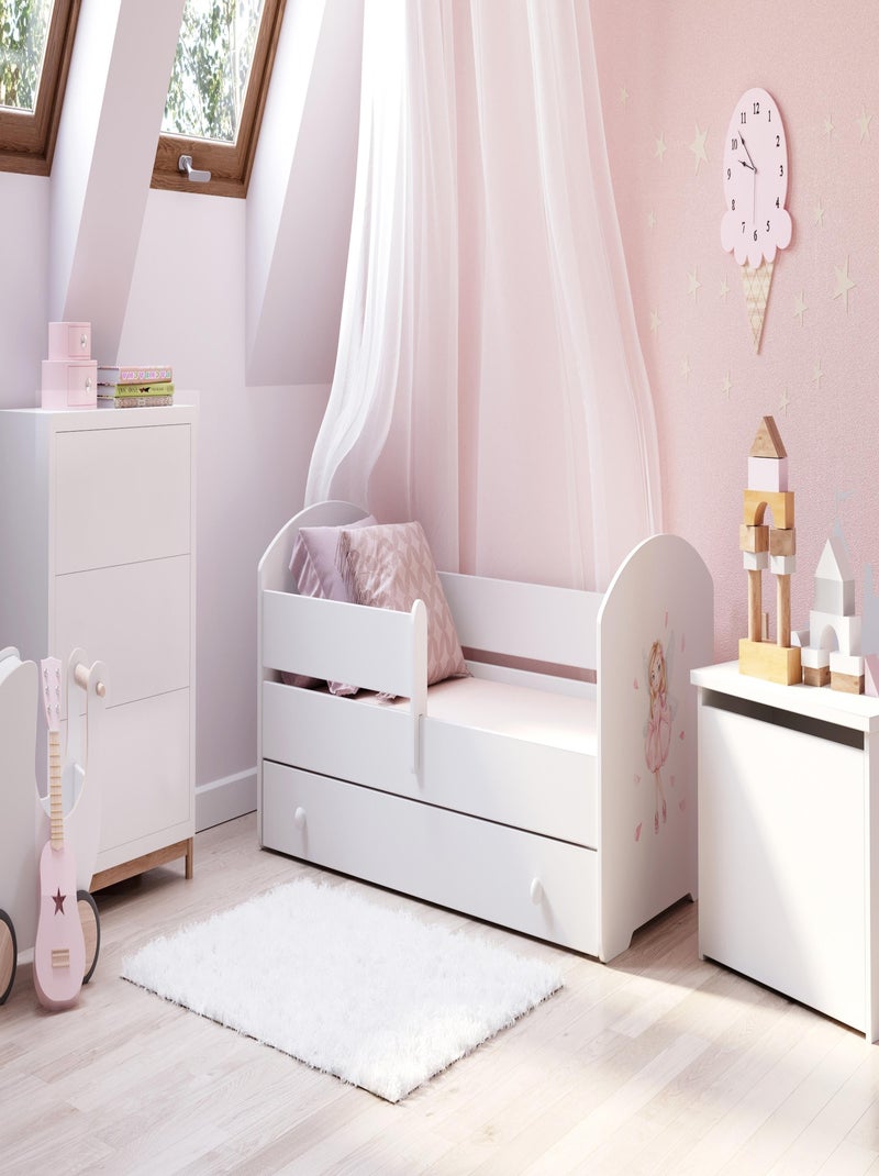 Lit enfant fille LOU avec tiroir balustrade et matelas inclus Blanc Rose Bleu - Kiabi