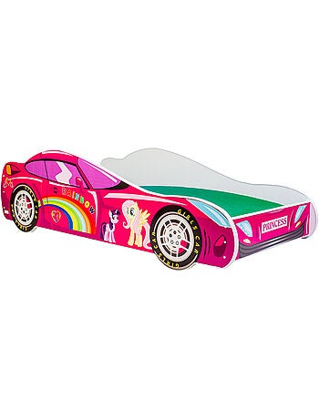 Lit enfant fille voiture licorne rose avec matelas et sommier inclus