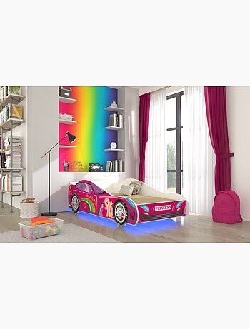 Lit enfant fille voiture licorne rose avec matelas et sommier inclus