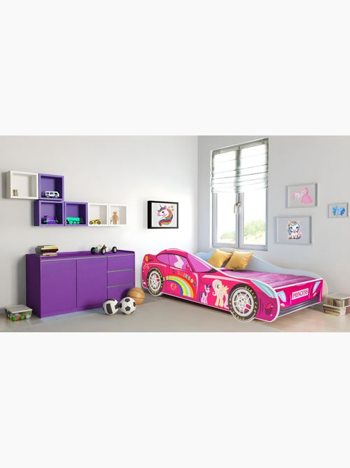 Lit enfant fille voiture licorne rose avec matelas et sommier inclus - Kiabi