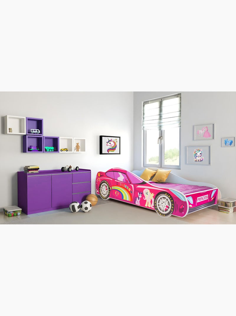 Lit enfant fille voiture licorne rose avec matelas et sommier inclus Noir Rose Blanc - Kiabi