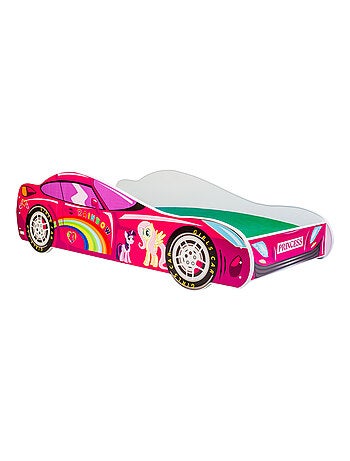 Lit enfant fille voiture licorne rose avec matelas et sommier inclus