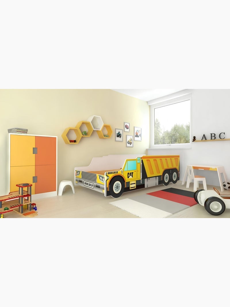 Lit enfant garçon Camion benne avec matelas et sommier inclus Blanc Jaune Noir - Kiabi