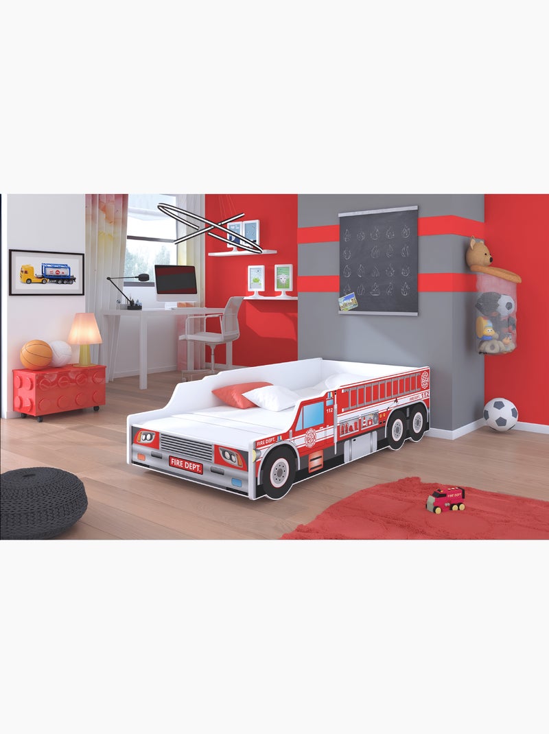 Lit enfant garçon Camion de pompier avec matelas et sommier inclus Blanc Rouge Noir - Kiabi