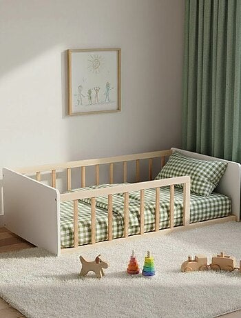 Lit enfant inspiration Montessori au sol à barreaux bicolore