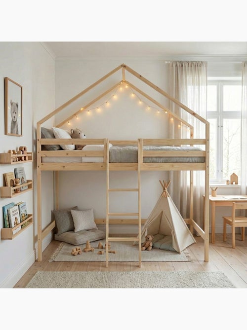 Lit enfant mezzanine cabane 90 x 190 cm pin naturel roya - Kiabi Lit enfant mezzanine cabane 90 x 190 cm pin naturel roya - Kiabi