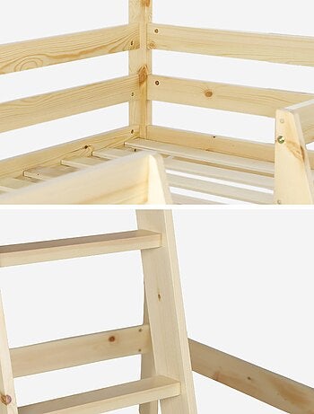 Lit enfant mezzanine cabane 90 x 190 cm pin naturel Roya