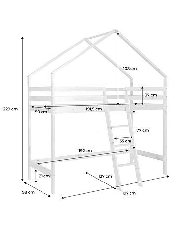 Lit enfant mezzanine cabane 90 x 190 cm pin naturel Roya