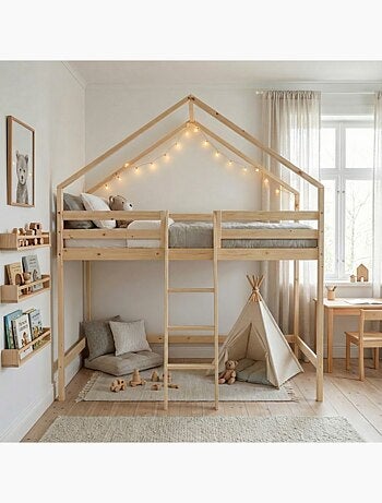 Lit enfant mezzanine cabane 90 x 190 cm pin naturel Roya