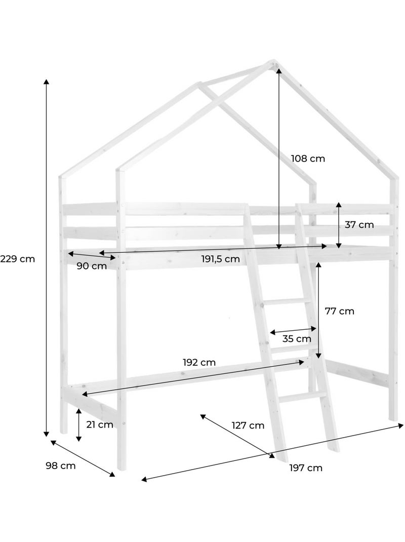 Lit enfant mezzanine cabane 90 x 190 cm pin naturel roya Marron - Kiabi