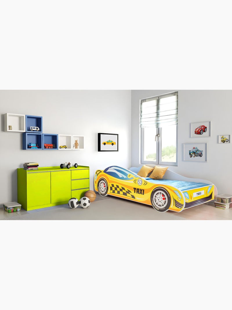 Lit enfant mixte garçon et fille Taxi avec matelas et sommier inclus Blanc Jaune Noir - Kiabi