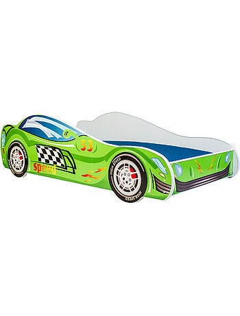 Lit enfant mixte garçon et fille voiture de course verte avec matelas et sommier inclus