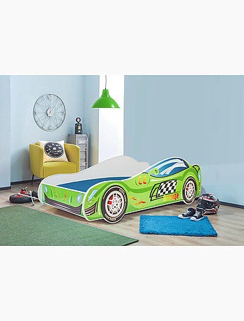 Lit enfant mixte garçon et fille voiture de course verte avec matelas et sommier inclus