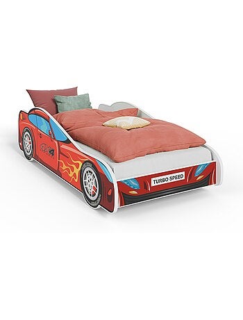 Lit enfant mixte garçon et fille voiture rouge avec matelas et sommier inclus