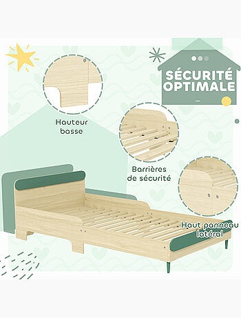 Lit enfant style nordique - sommier à lattes, barrières de sécurité inclus - bois naturel vert